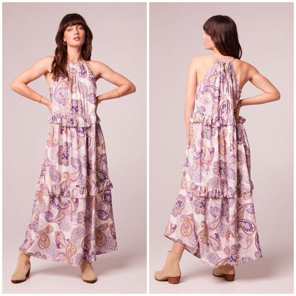 Band of the Free Liliane Paisley Maxi Dress Cream Purple Tiered Size M NWT - Picture 1 of 15